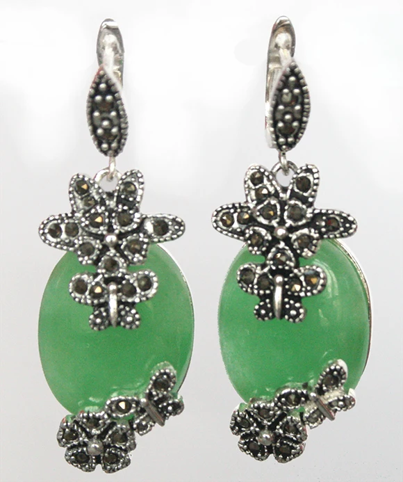 

NATURAL GREEN Natural jade 925 STERLING SILVER & MARCASITE FLOWER EARRINGS 11/2"