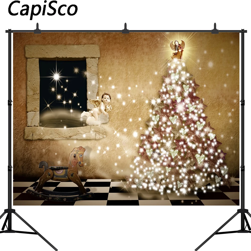 Capisco Cute angel Trojan toy Christmas tree Decor Photography Backgrounds Customized Photographic Backdrops For Photo Studio