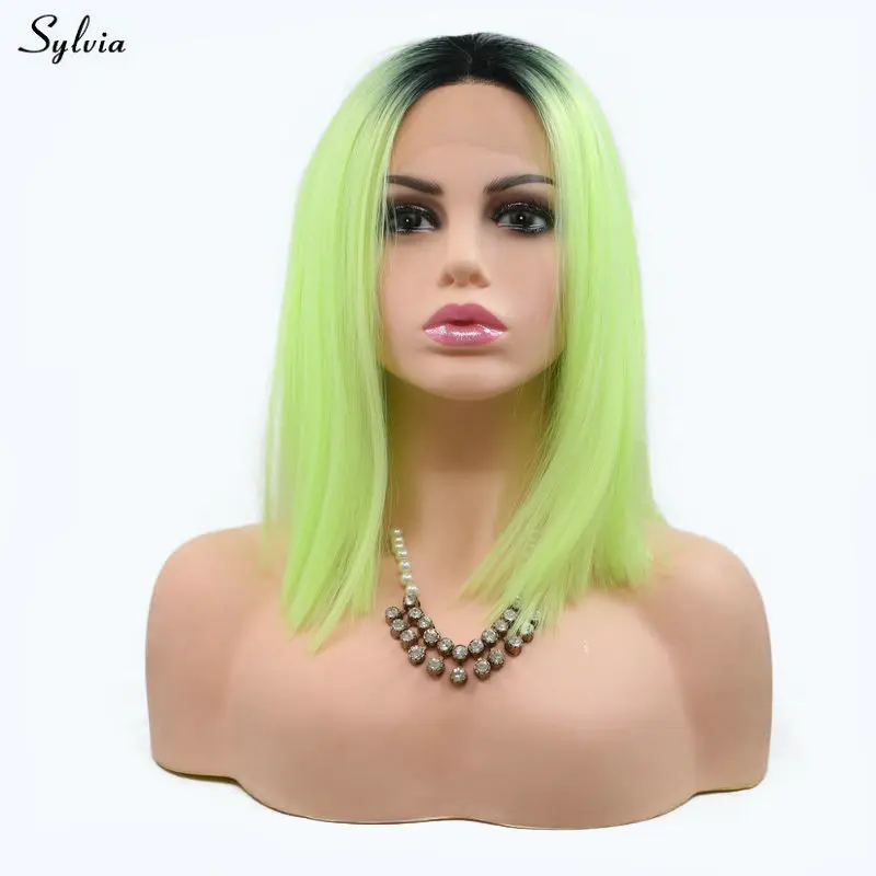 Sylvia Summer Green Wig Ombre Dark Roots Two Tone High Temperature Short Bob Straight Natural Hairline Synthetic Lace Front Wigs