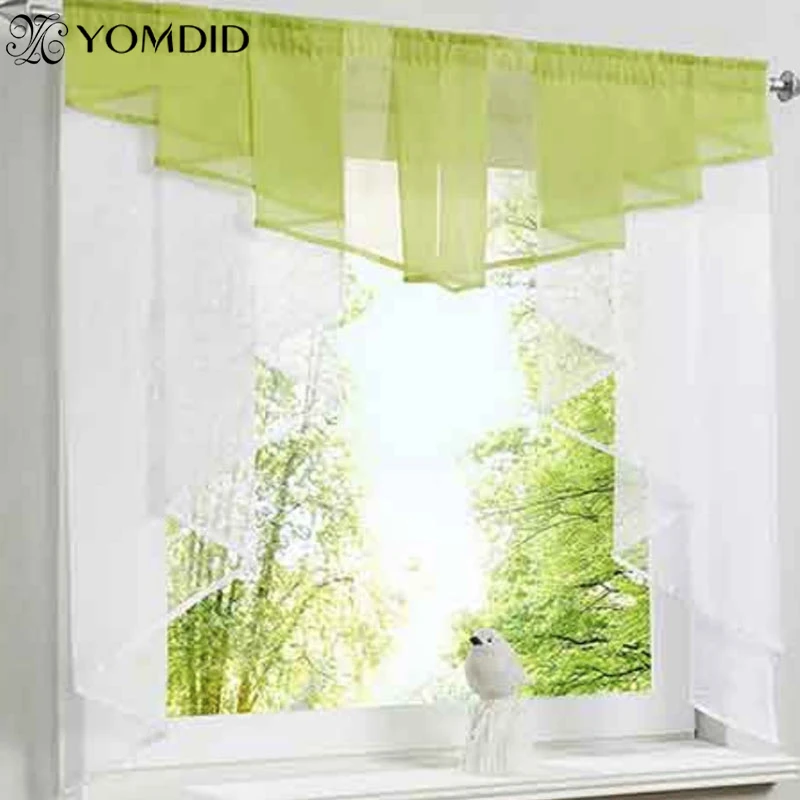 Tulle Kitchen Curtain For Window Balcony Rome Pleated Design White Green Color Sheer Short Valance Tulle Roman Curtain Short