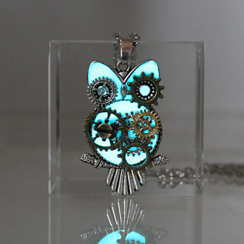 Steampunk Necklace Glowing Mechanical owl Necklace GLOW in the DARK Pendants & Necklaces women girls boys gift Sweater chain