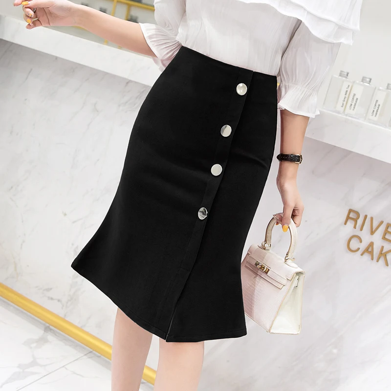 

New Korean Office Lady Elegant Single-breasted Pencil Skirts Womens High Waist Bodycon Stretch Package Hip Midi Skirt