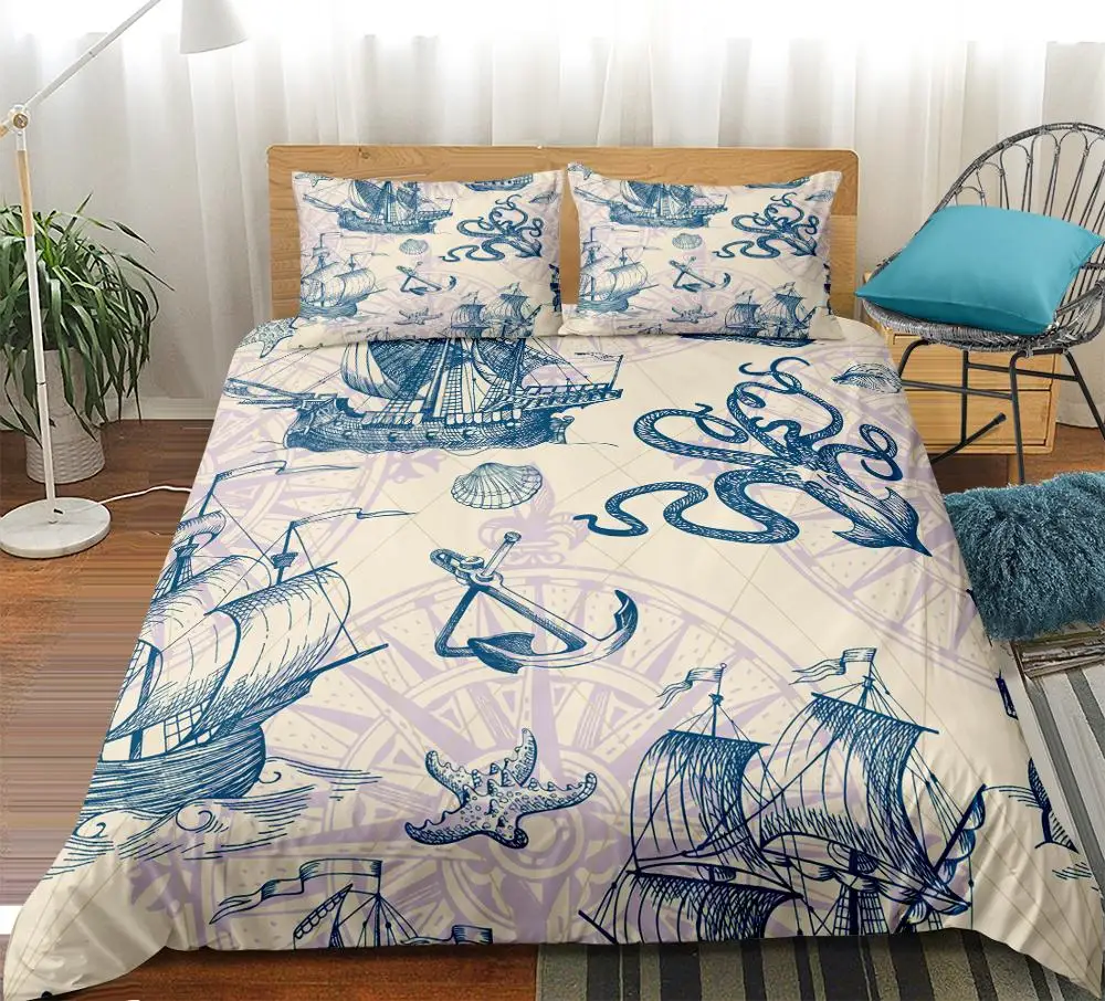 

Octopus Compass Duvet Cover Set Queen Sailboat Boy Bedding Set King Starfish Quilt Cover 100% Microfiber Vintage Bedspreads