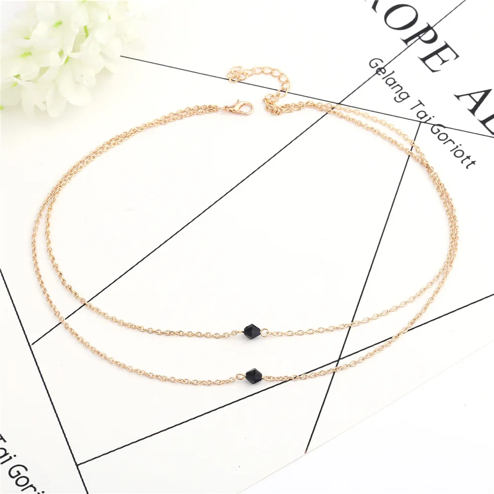 Joker Fashion Ultimate Simple Double Black Crystal Model Double Short Clavicle Chain Barrel Bead Necklace Sweater Necklace