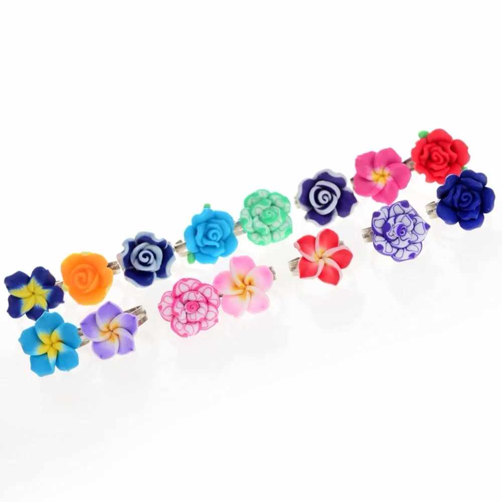 20Pcs /Lots Kids Rings Wholesale Mixed Colors Flower Polymer Clay Finger Ring Adjustable For Children Gift