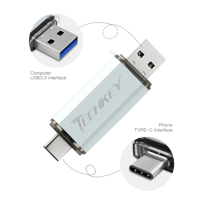 TECHKEY-memoria usb tipo c, unidad flash de 128gb, tipo C, 3,1, 64GB, Pen drive personalizado de Metal, 32GB, 16GB, para teléfonos, Micro Flash tipo C