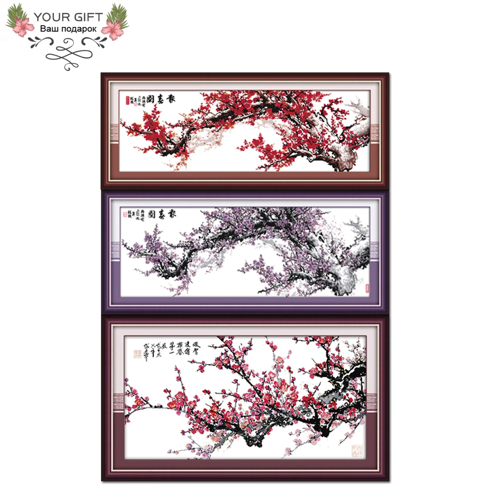 Joy Sunday-Cross Stitch Kits for Home Decor, Red and Purple Plum Flower, Announcing the Coming of Spring, H042(1) (2) H043 (1)