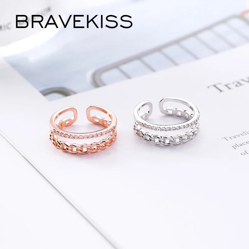 BRAVEKISS 2 Colors Adjustable Open Double Layer Ring Twist Chain CZ Finger Rings for Women Engagement Jewelry Accessories PR0208