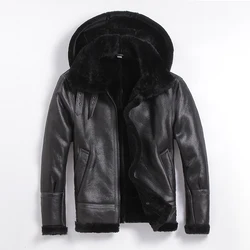 Men's Genuine Sheepskin Lambskin Shearing Leather Coat Male Pilot Jacket Wool Cashmere Liner with a Hood Hat Black 3xl 4xl 5xl