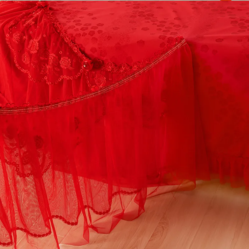 Red Jacquard Lace Princess Bed Set Luxury Bedding Sets Queen King Size Bed Skirt Sheet Linen Solid Duvet Cover Bedspread Cotton