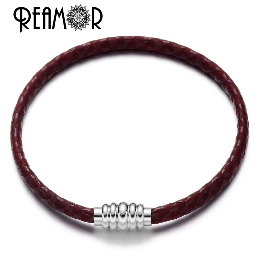 REAMOR 17-21cm 4mm Pattern Genuine Leather Bracelets DIY String Beads Charm Bracelets Jewelry Making With Magnet Clasp