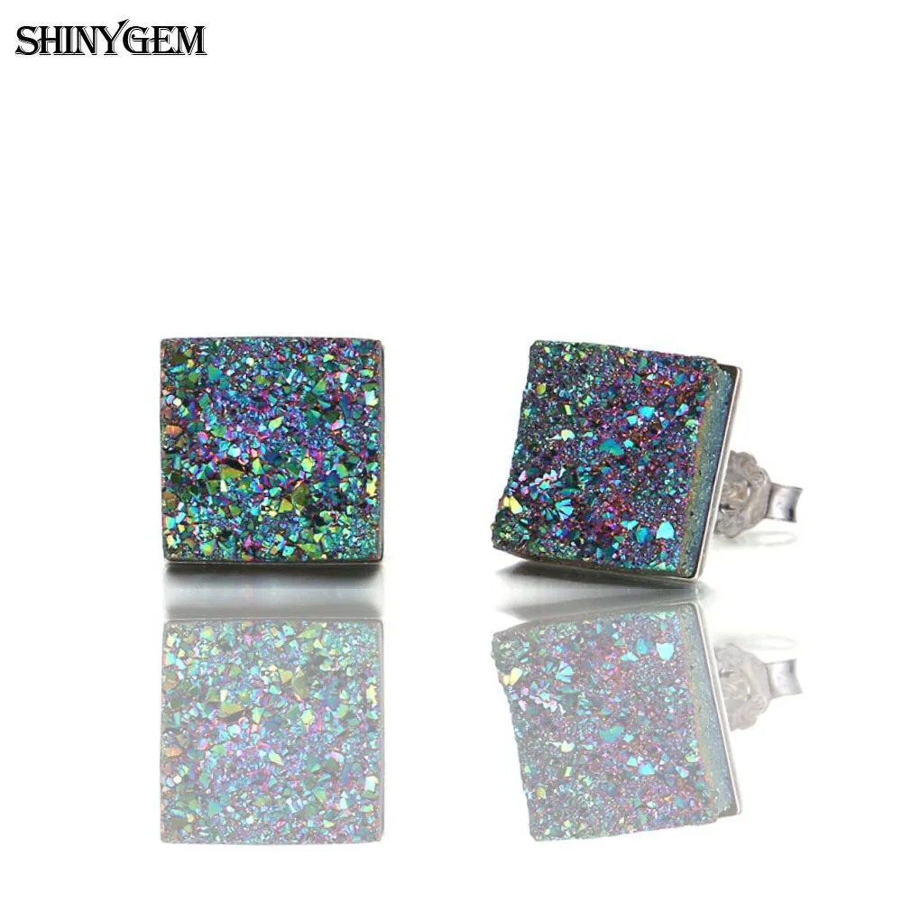 

ShinyGem 10mm Small Square Crystal Earrings Sparking Druzy Natural Stone Earrings 925 Sterling Silver Stud Earrings For Women