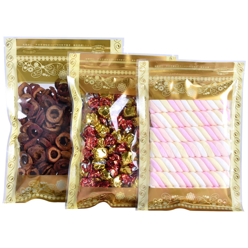 

1000pcs/lot 7 Size Flat Color Printed Plastic Packaging Bag Gold Leaf High Clear Window Resealable Plastic Self seal Pouch