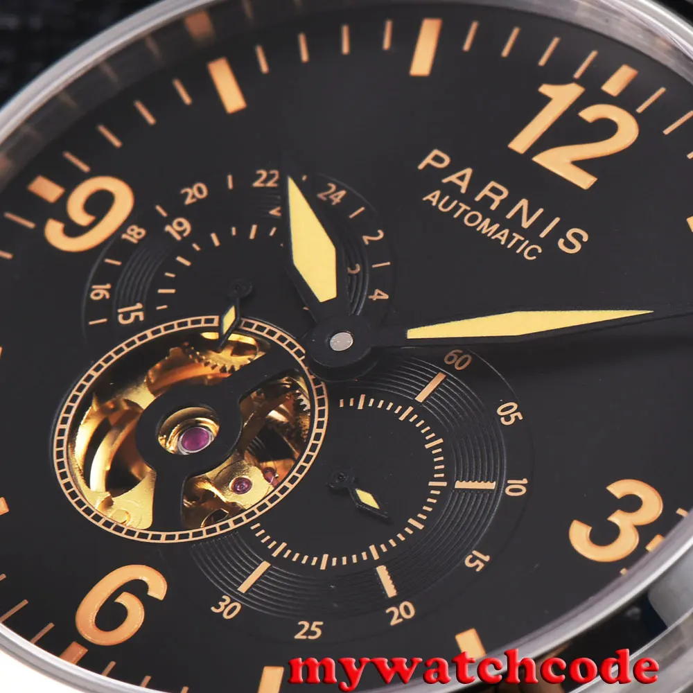 44mm Parnis Black Dial Orange Marks Date Golden 21 Jewels Miyota Automatic Mens Watch Leather Strap Glass Back P817