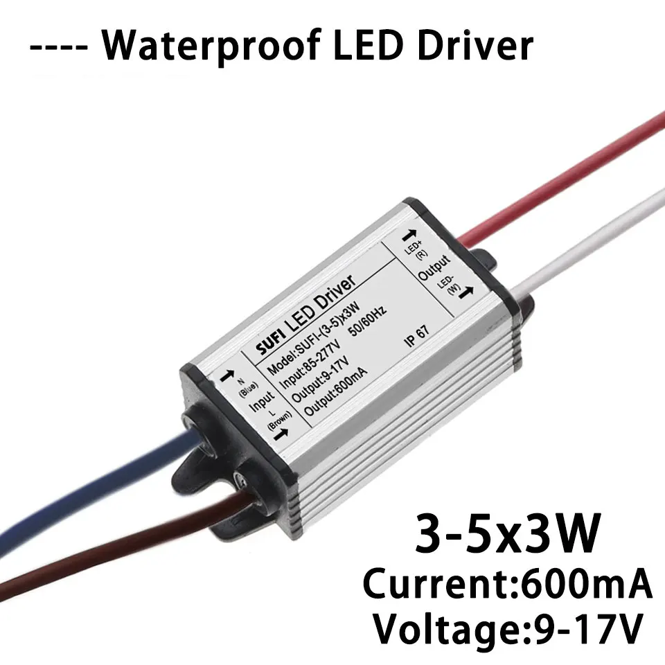 External 3-5x3W LED Driver 9W 12W 15W Output DC9-17V Lighting Transformers Constant Current 600mA Power Supply