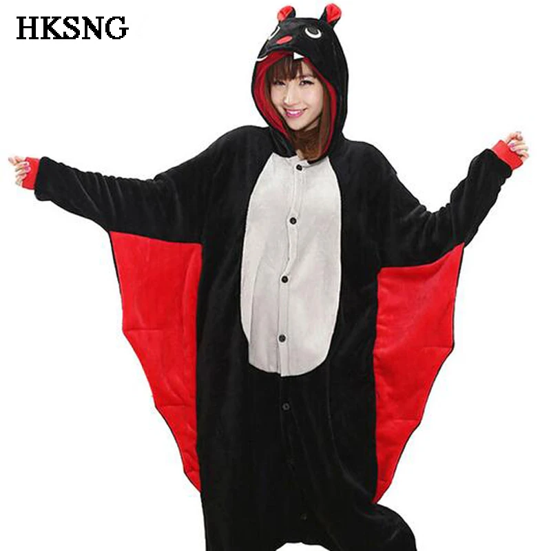 

HKSNG Black Bat Pajamas High Quality Flannel Winter Women Adult Animal Kigu Cartoon Pyjamas Onesies Costume Homewear Kigurumi