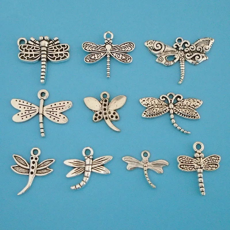 

20 x Tibetan Silver Color 10 Styles Insect Dragonfly Charms Pendants Beads for DIY Handmade Jewelry Making Findings Accessories