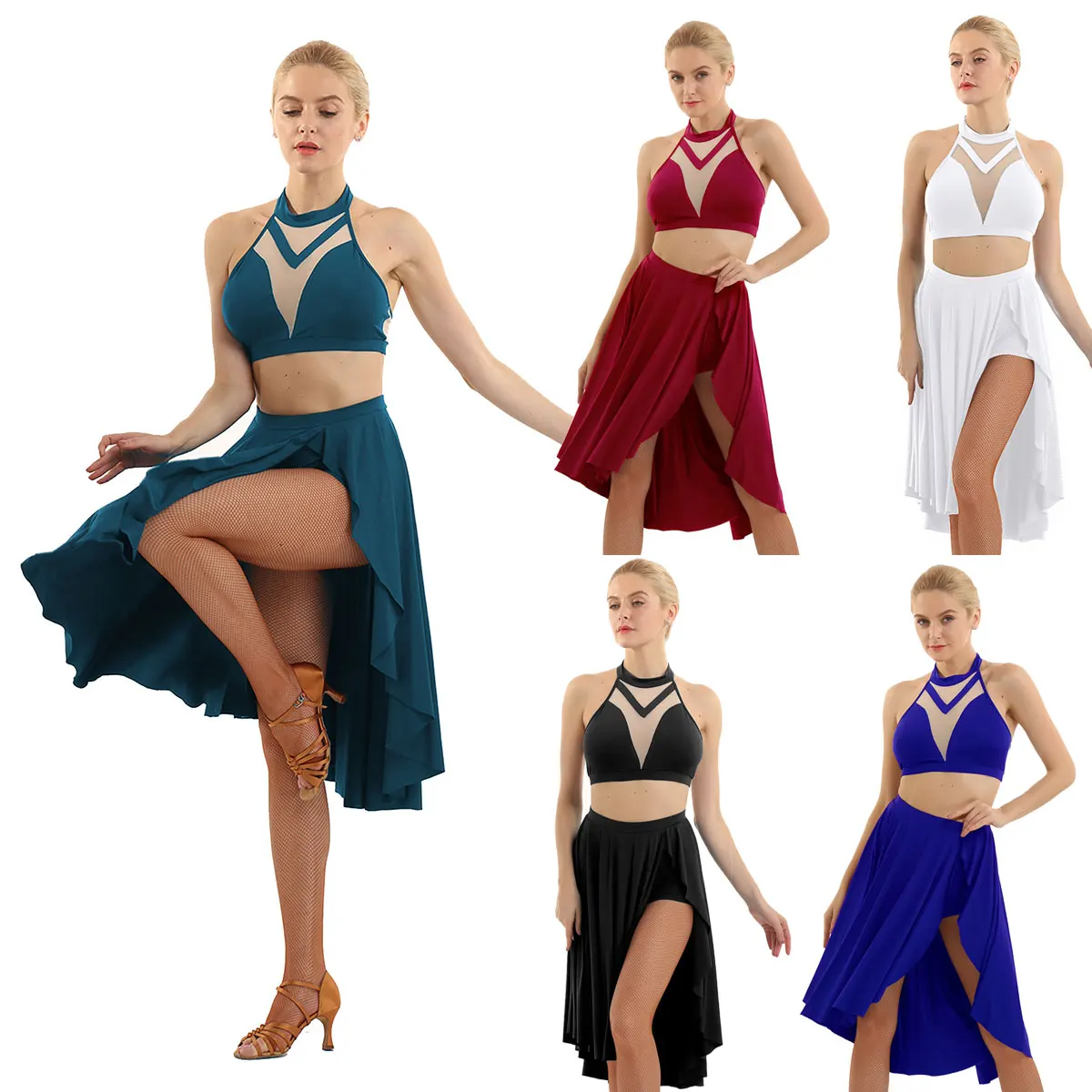 TiaoBug Women Halter Sleeveless Backless Dancing Crop Tops Latin Ballroom Ballet Skirt Set Asymmetrical Lyrical Dance Costumes