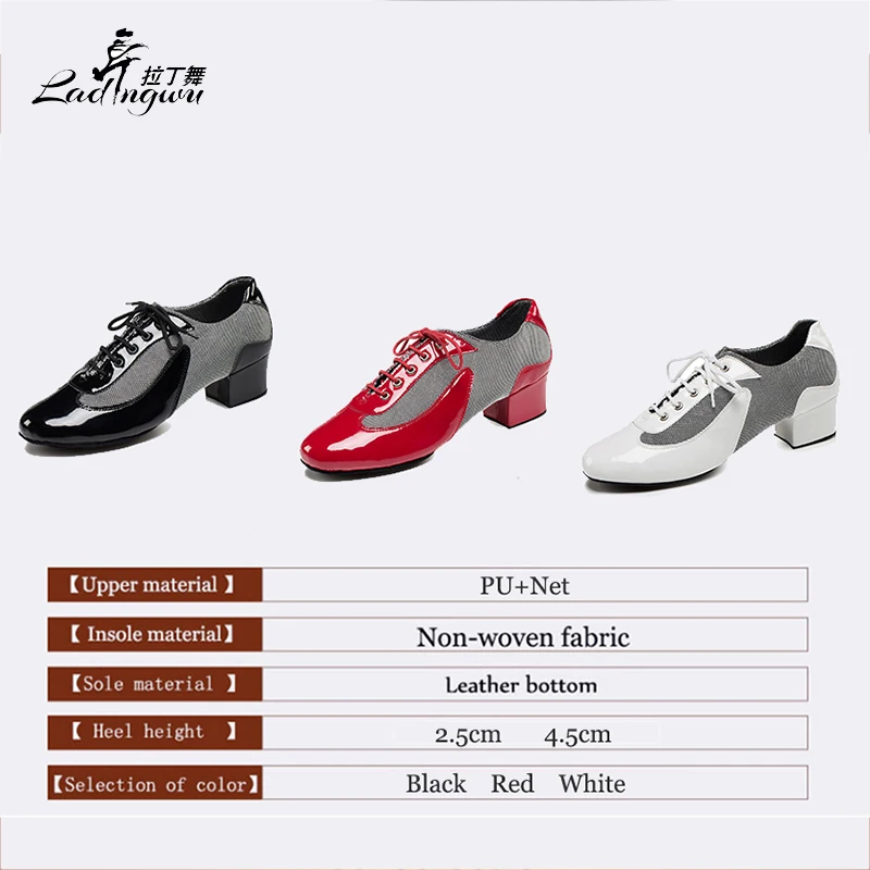 Ladingwu 2018 New Modern Men\'s Soft Bottom Ballroom Dance Shoes PU and Net Cloth Men Latin Dance Shoes Black/Red/White Color