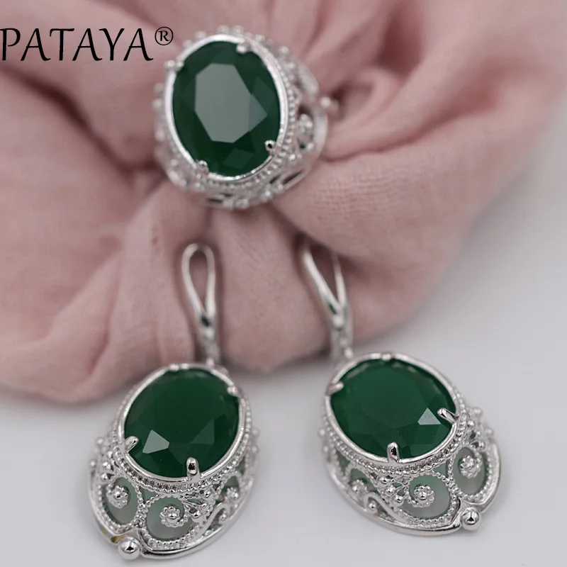 

PATAYA Women Wedding True White Gold Color Jewelry Set Green Big Natural Zirconia Hollow Earrings Ring Sets Trendy India Jewelry