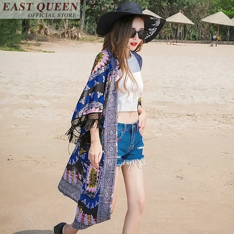 Bohemian wanita panjang blus hot sale pantai sifon rumbai floral print v-neck tiga perempat kemeja lengan batwing perempuan DD709 L