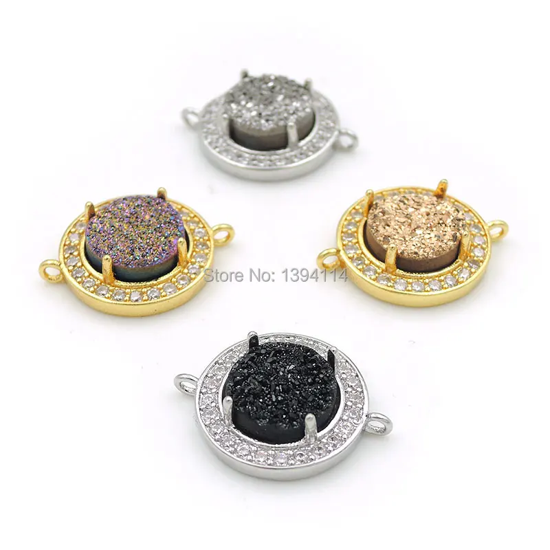 20*15*5mm Micro Pave Clear CZ Agate Druzy Round Connector With Prong Setting Of Plating Silver Or Gold