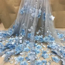 Bianco 3D perline tessuto di pizzo maglia di alta qualità ricamo Applique fiore 3D Tulle tessuti di pizzo nigeriano per sposa XC300a