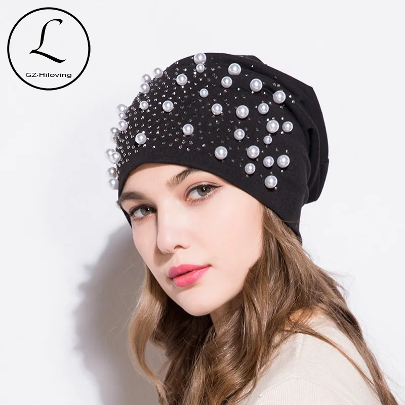 

GZHILOVINGL New Women's Beanie Hat Polyester Cotton Summer Thin Shiny Rhinestone Pearl Beanie Hats Slouchy Beanies Skullies Hat