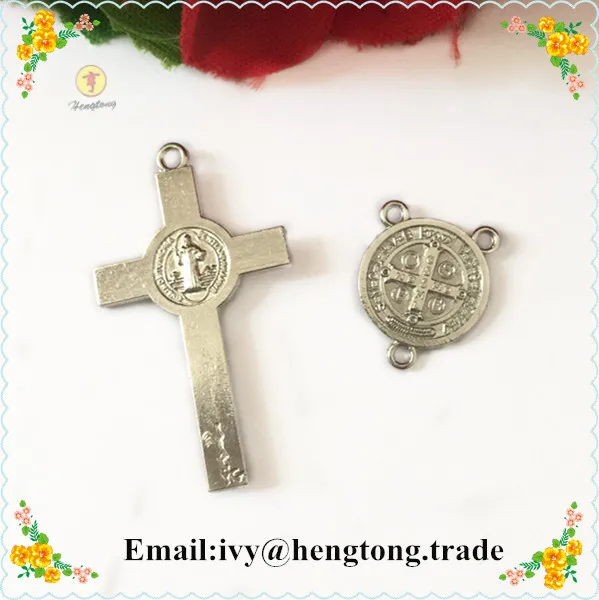 Free ship cheap 30sets plated sivler religious rosary parts & pendants catholic rosary Jesus cross & Saint Benedict center piece