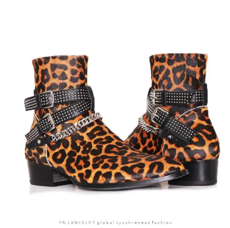 2022 Leopard Floral Suede Men Boots Ankles Botas Sliver Chains Cross Buckles Low Heel Shoes Mens Sapatos Mujer