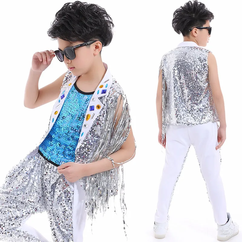 Jazz Dance Child Costume Boys Hip Hop Street Dance Jazz Sequins Tassel Blue Vest Harem Pants Suit Kids Dancing Clothes DNV10052