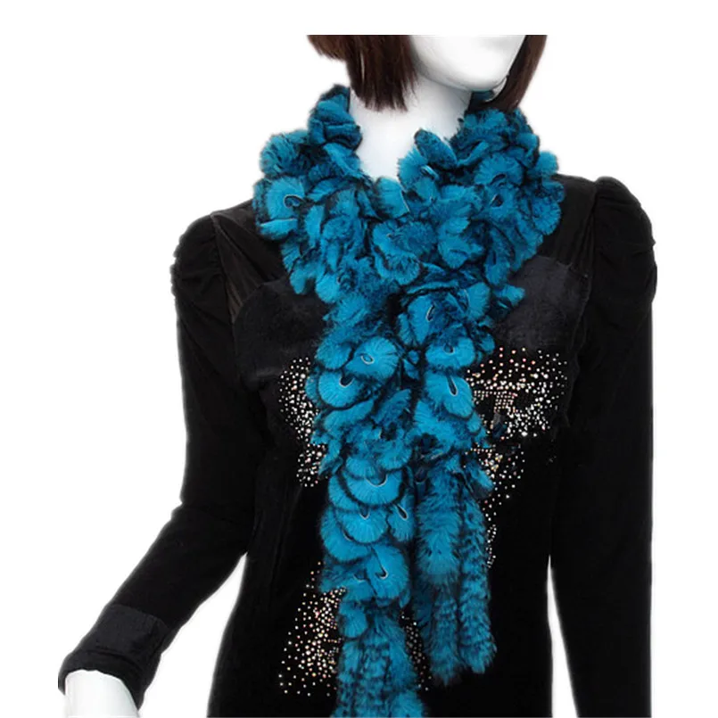 

blue yellow red fur scarf Women autumn winter 160*8cm flower natural rex rabbit knitted handmade wraps F734