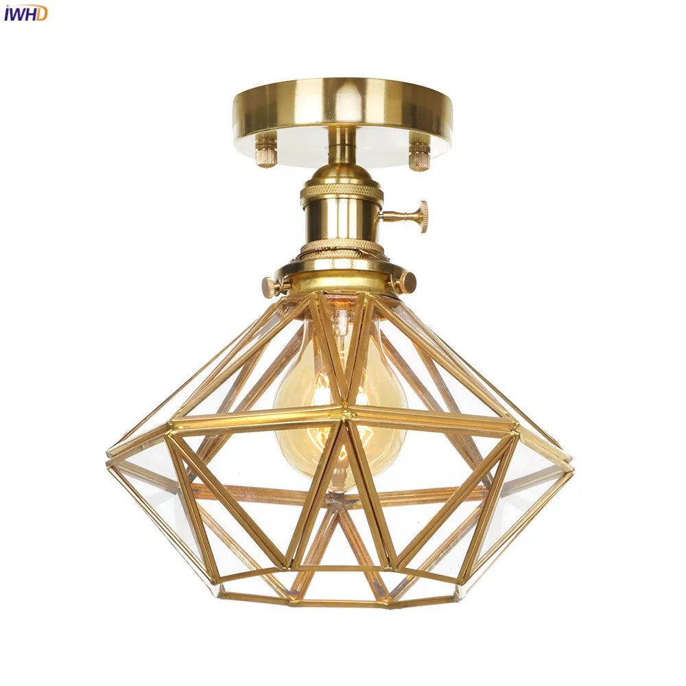 

IWHD Nordic Modern Diamond Retro Ceiling Lamp Living Room Balcony Porch Glass Copper LED Ceiling Light Plafondlamp Lampar Techo