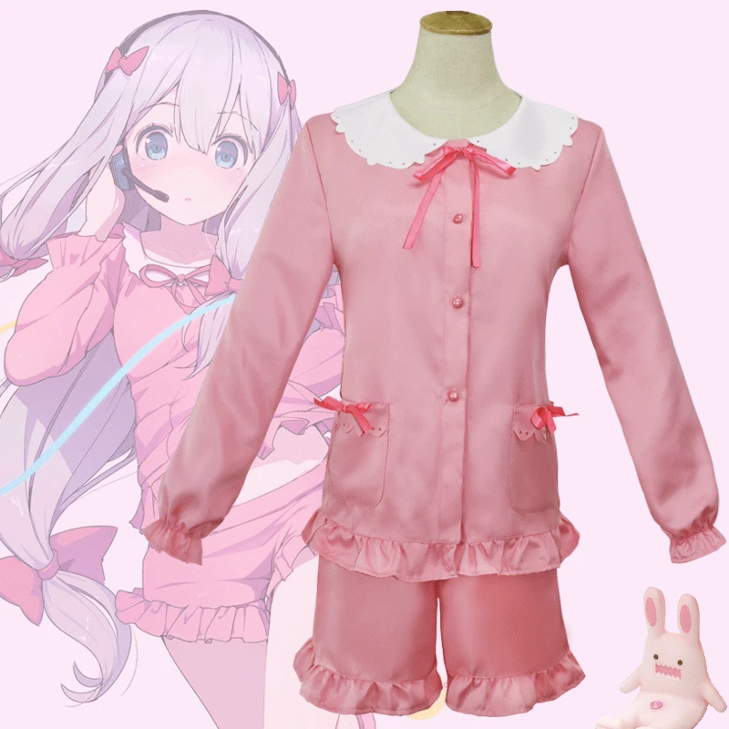 

Anime Eromanga Sensei Izumi Sagiri Cosplay Costume Sleepwear Pink Pajamas (Shirt+Shorts+Headwear) for Adult Women Fancy Party