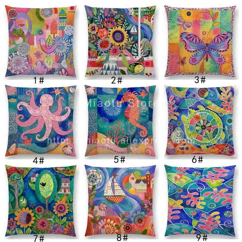 New Indigo Flowers Prints Cushion Cover Sofa Pillow Case Bouquet Blooms Butterfly Garden Hummingbird Seahorse Spring Summer