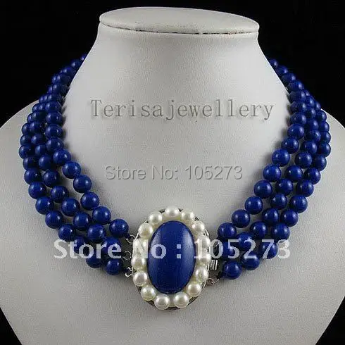 Stunning! 3rows blue lapis necklace lapis clasp fashion woman's jewelry free shipping Wholesale A2525