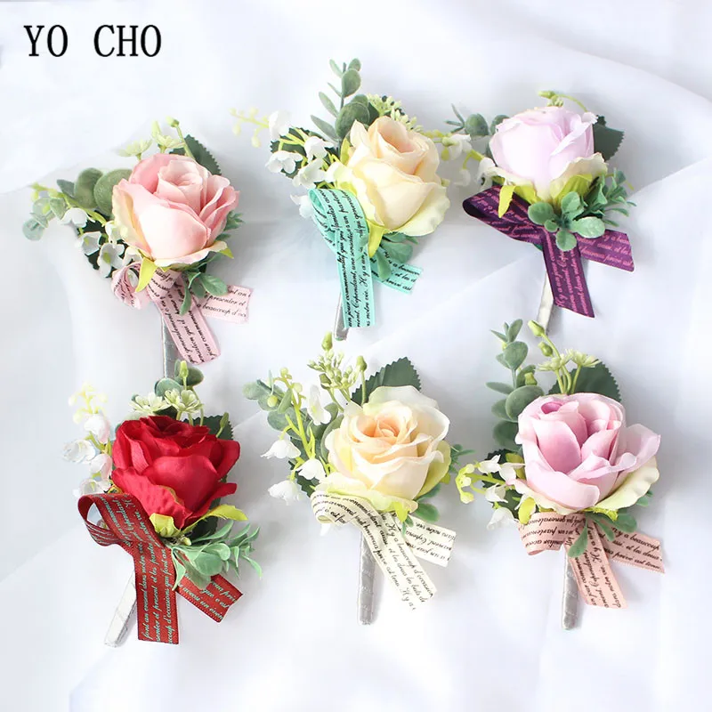 YO CHO Wedding Decor Eucalyptus Leaf Brooch and Wrist Flowers Set Roses Alphabet Ribbon Groom Boutonnieres Brides Wrist Corsages