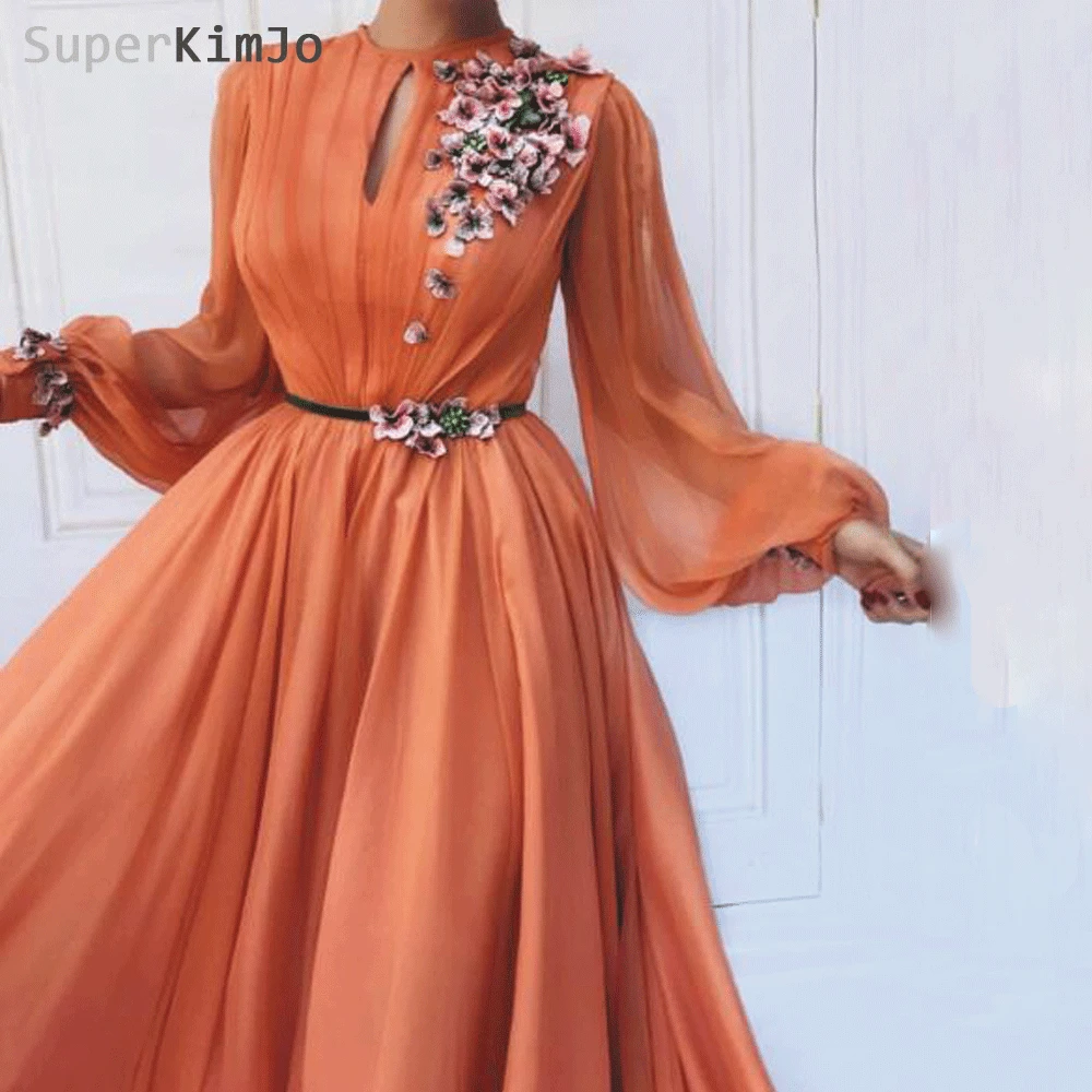 SuperKimJo Abendkleider Long Sleeve Prom Dresses 2022 Orange Chiffon Floral Elegant Prom Gown Vestidos De Fiesta 2023