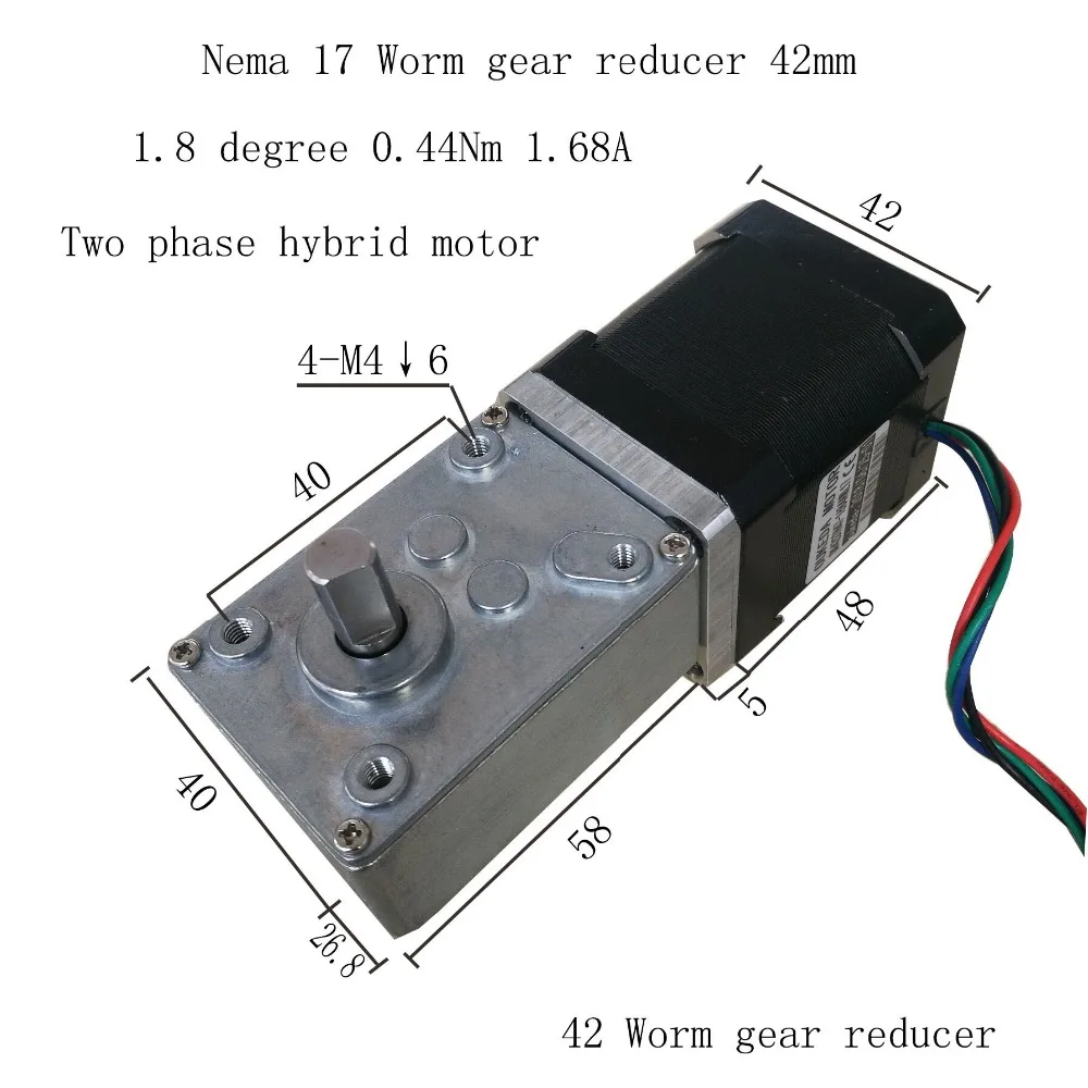 com Relação de Redução 17 30 50 Nema17 0.44nm 1.68a 42 mm Motor Deslizante do Redutor da Engrenagem do Sem-fim da Turbina Nema17 A58sw42by