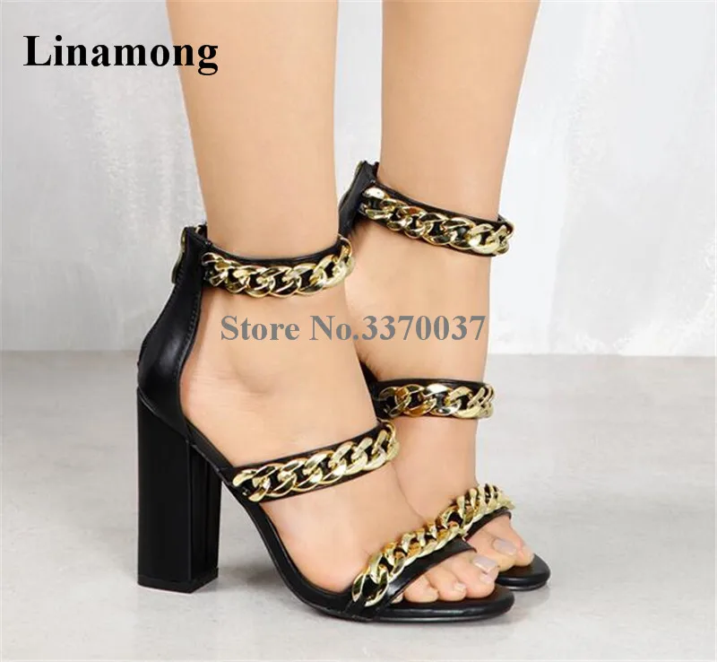 

Newest Women Fashion Open Toe Gold Chain Design Chunky Heel Sandals Ankle Strap Think High Heel Sandals Dress Shoes