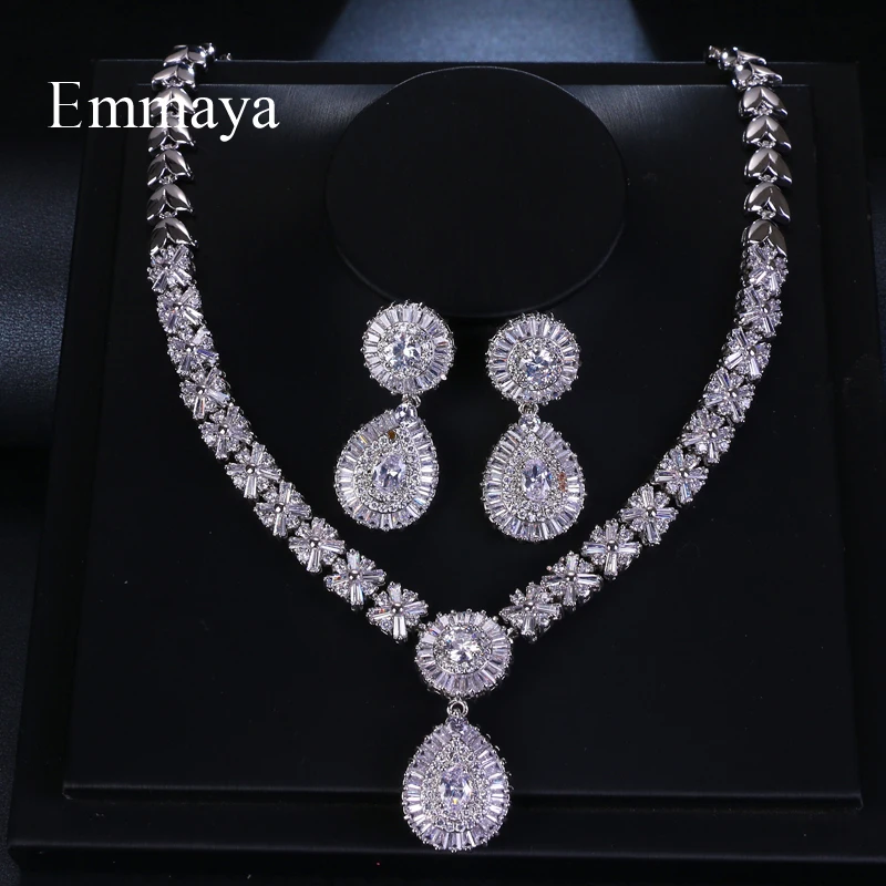 Emmaya Brand Charm Gorgeous Cubic Zircon White Gold Color New Crystal Earrings Necklace Set For Women Bride Jewelry Gift