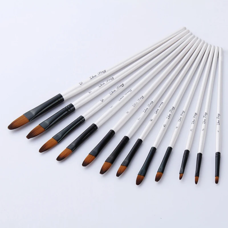 12 pcs/set Nylon Hair Oil Brush Set for Drawing Painting DIY Watercolor Wood Art Acrylic Paint Brushes Tongue Oblique Supply