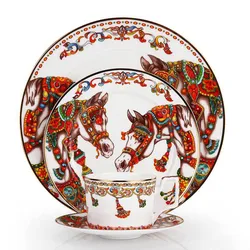 Bone China Dinner Plate Set And Coffee Cup Kit Gold Edge Dinnerware Set Horse Pattern Western Steak Dishes Flat Tray Cup Saucer