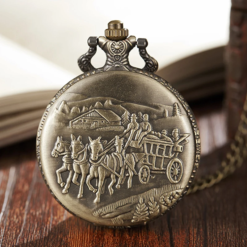 Ancient Carriage Pocket Watch Fob Chain Necklace Train Horse Engrave Mens Flip Bronze Watch Hour Time Clock for Men Women Gifts