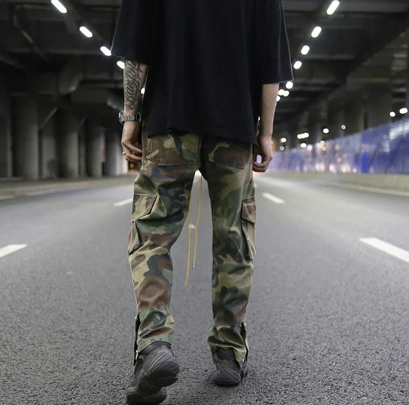 Mens Camouflage Hip Hop Pants Bottom Button Pockets Cargo Trousers Fashion Elastic Waist Drawstring Sportswear Streetwear Jogger