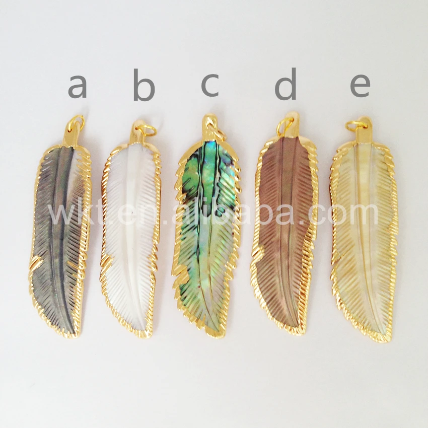 WT-P763 WKT JEWELRY Natural Abalone shell feather pendant Gold dipped pendant shell jewelry mixed color feather shell pendants