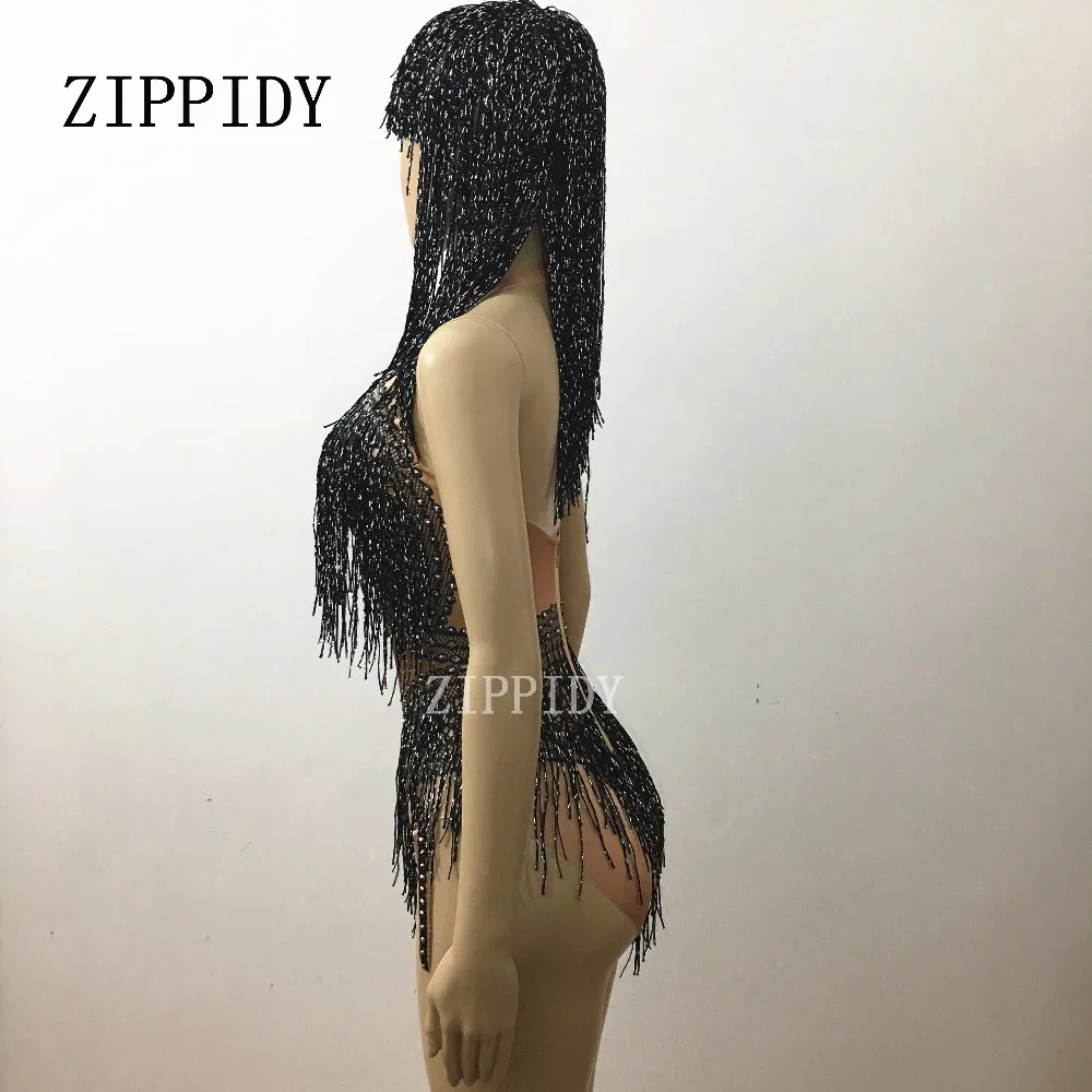 Bersinar Hitam Rumbai Berlian Imitasi Berkilau Batu Bodysuit Nigthclub Penyanyi Pakaian One-Piece Kostum Panggung Acara Leotard Bulang