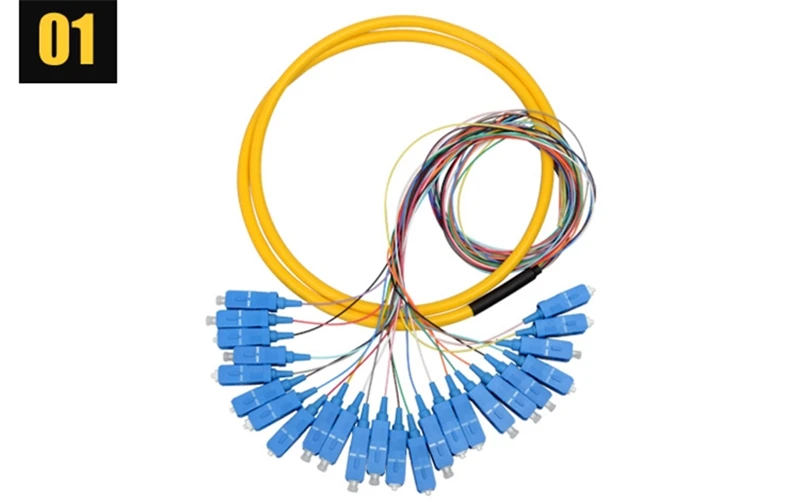 SC optical pigtails 24 cores colored 1.5mtr 9/125um SM 0.9mm fiber cable with yellow jacket bundle type pigtail factory ELINK