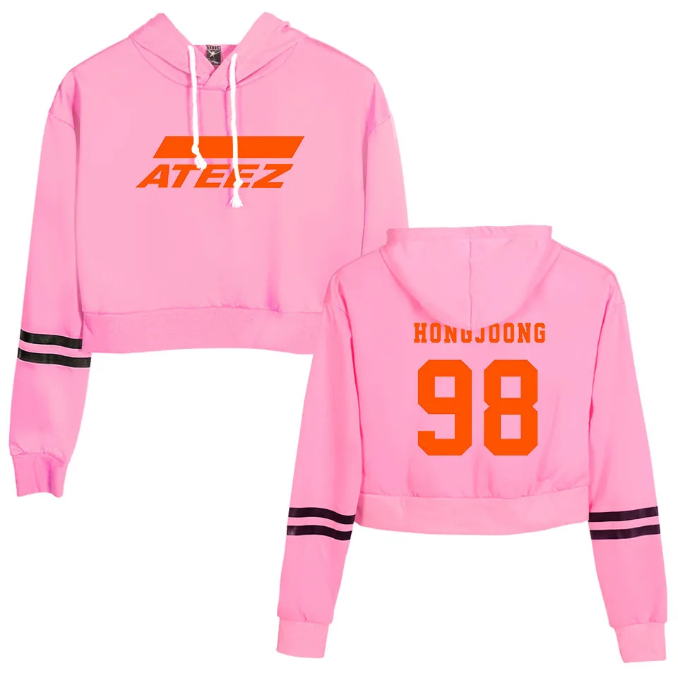 Korean Team ATEEZ KPOP Crop Top Hoodie Harajuku Cropped Sweatshirt Streetwear Hip Hop Long Sleeves Pullover Tops Sudaderas Mujer