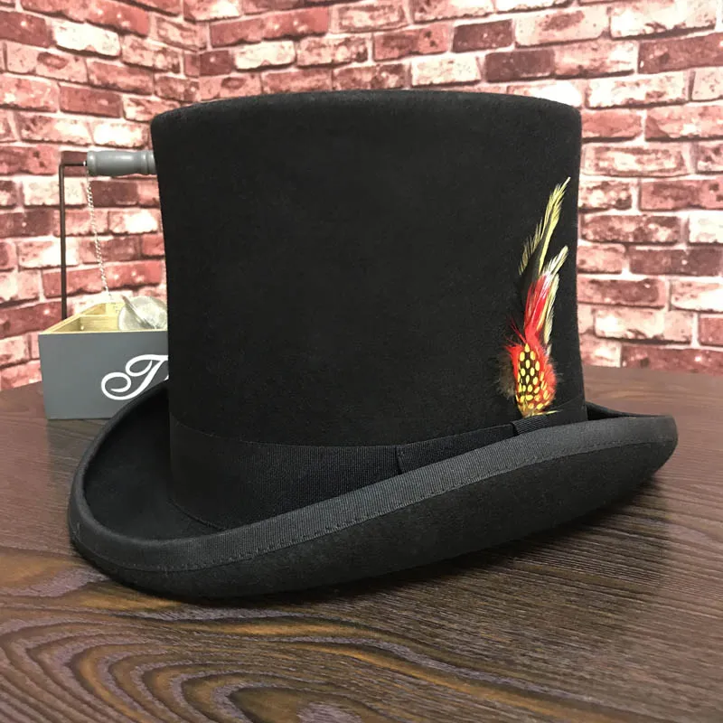 Czarny męski wełniany kapelusz Fedora Płaski szalony kapelusznik Top Hat Tradycyjny prezydencki kapelusz imprezowy Steampunk Magiczny kapelusz z piórkiem